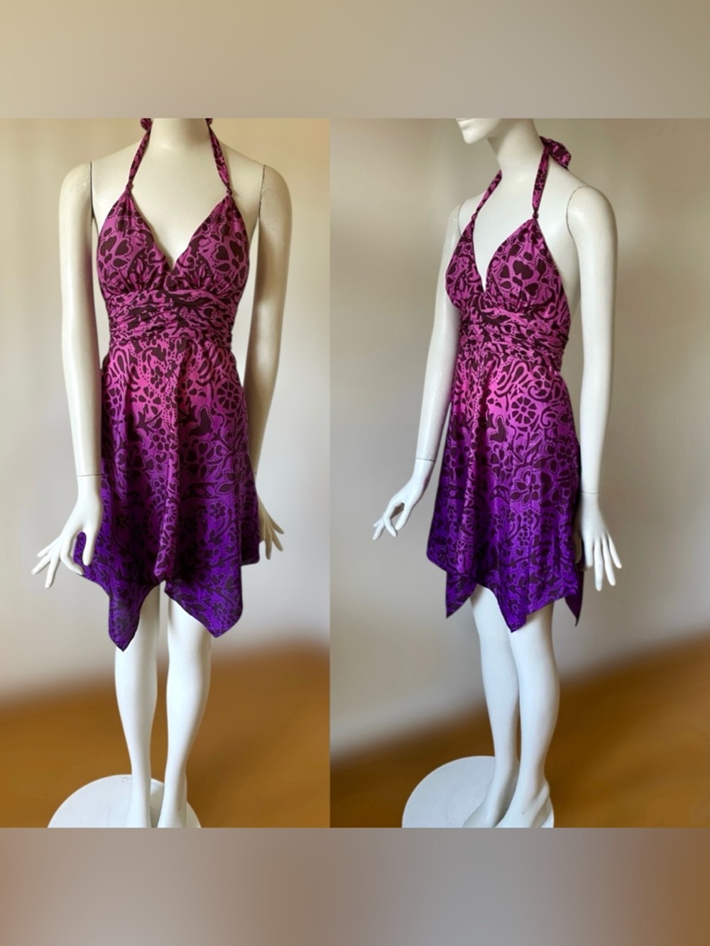 Vintage Guess 100% Silk Pink Purple Ombre Asymmetrical Halter Dress -runs small